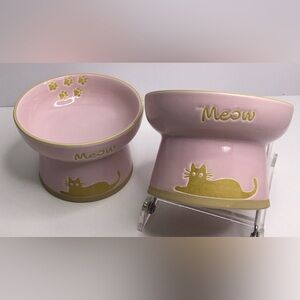 2 Signature Meow Stoneware Cat Body Pet Elevated Bowls Dishes Combo New